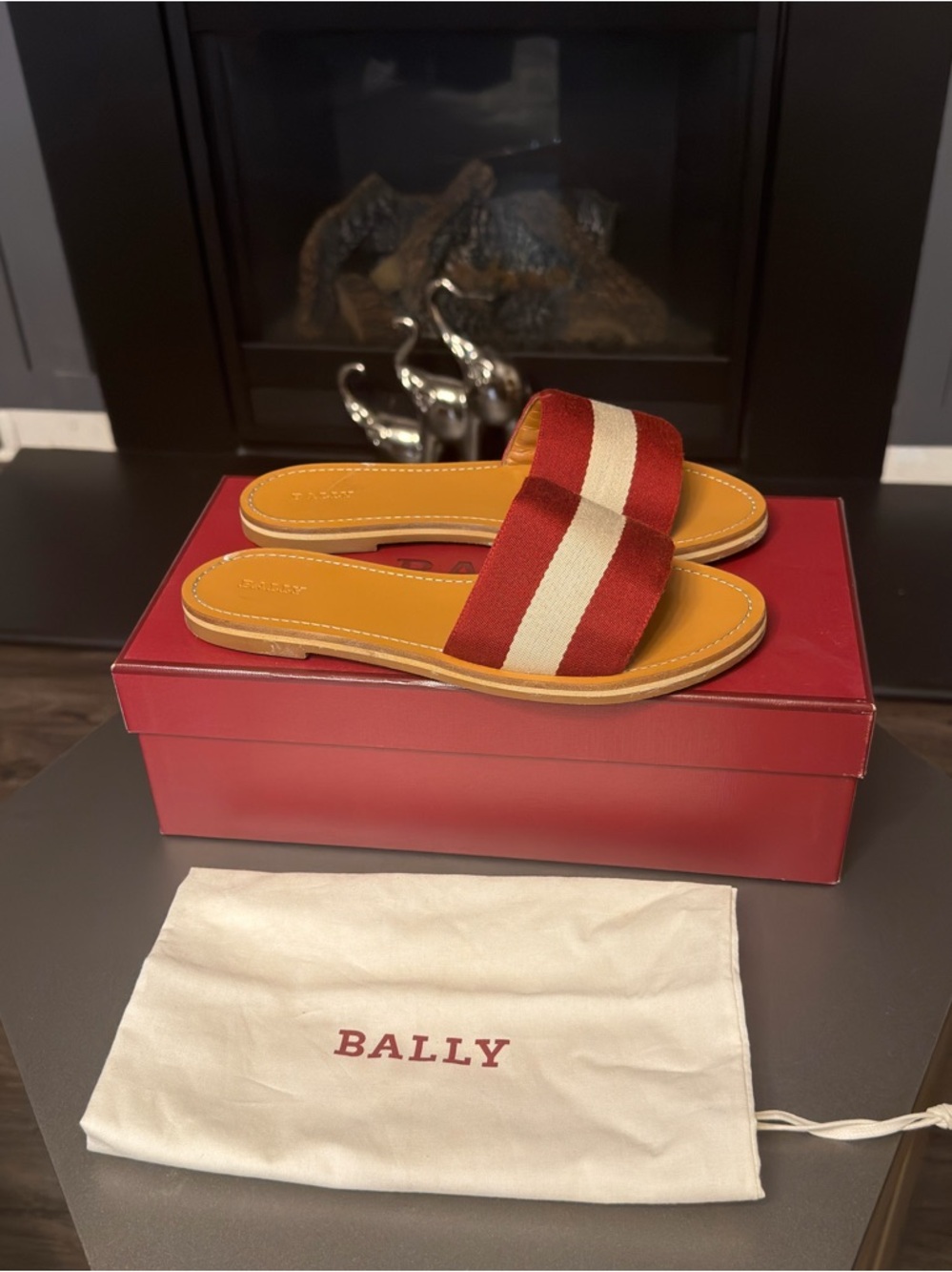 Bally Red and Cream Striped Slide Sandals with Tan Footbed